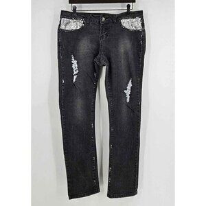 Jane Doe Dark Wash Stretch Skinny Jeans Distressed Silver Sequin Pockets Sz 11